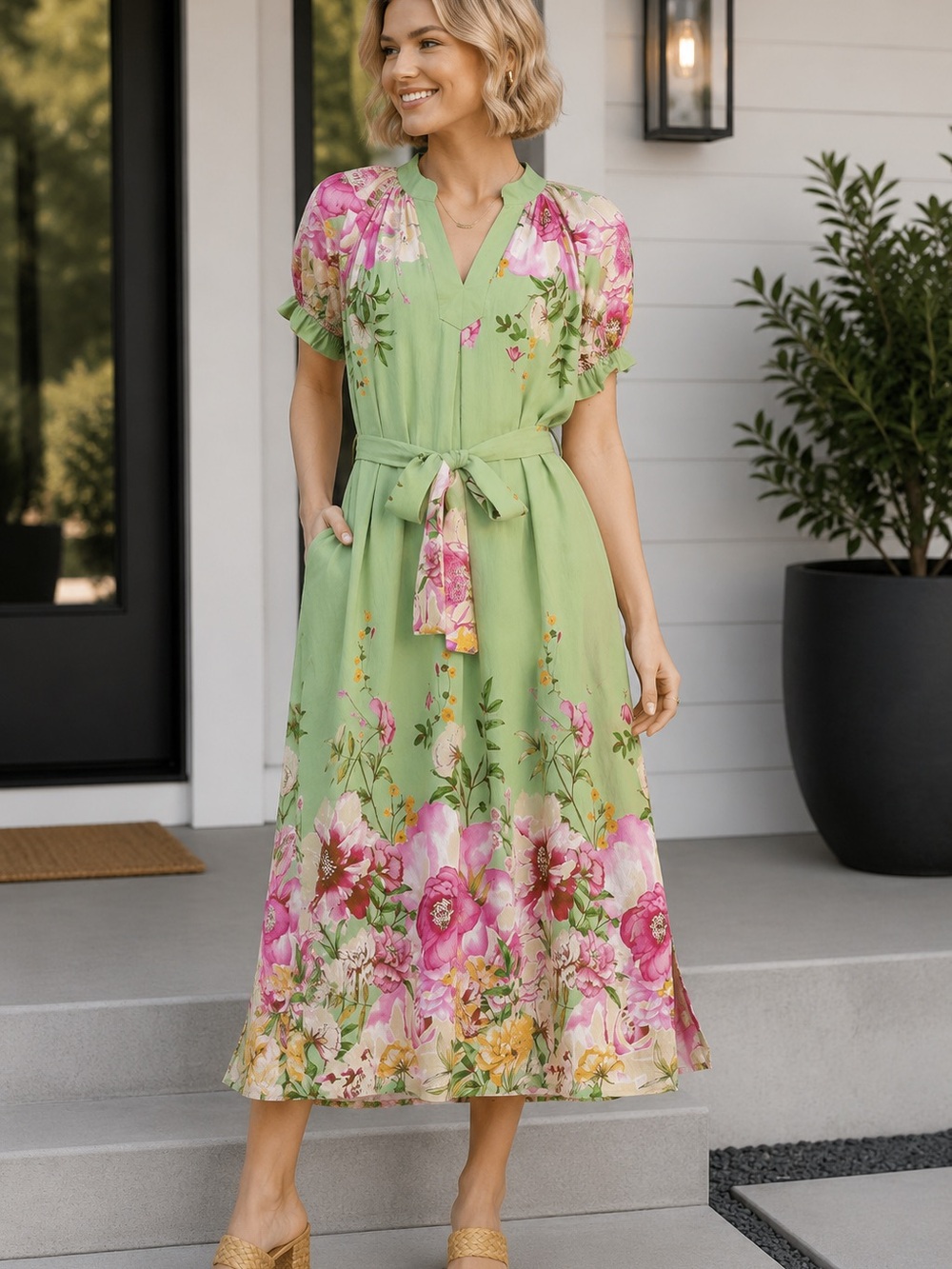Sage Mix Floral Border Print Midi Dress
